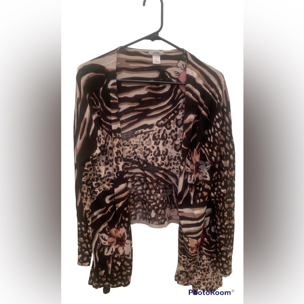 Cache floral and leopard print open front cardigan, Medium